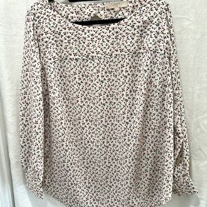 Loft Blouse Cream with Small Brown and Mauve Flower Print Boat Neck Button SZ 16